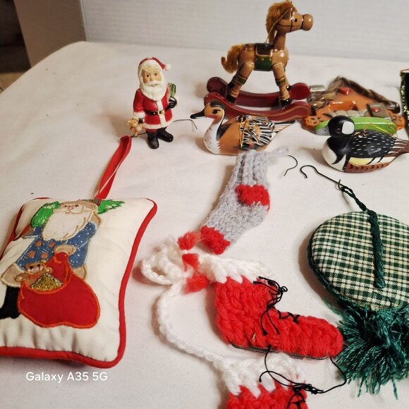 Vintage Christmas Ornaments Set Of 18 With Santa Bells Stockings & Wooden Decora - Picture 4 of 10